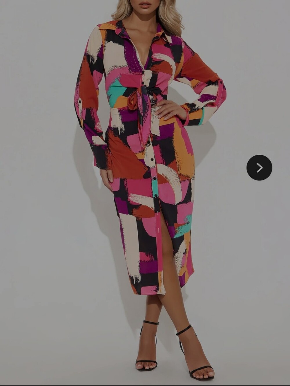 Tie-Front Abstract Print Midi Dress in Multicolor